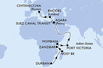 Jihoafrická republika, Madagaskar, Tanzánie, Keňa, Seychely, Jordánsko, Egypt, Řecko, Itálie z Durbanu na lodi MSC Sinfonia