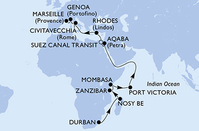 Jihoafrická republika, Madagaskar, Tanzánie, Keňa, Seychely, Jordánsko, Egypt, Řecko, Itálie, Francie z Durbanu na lodi MSC Sinfonia