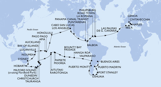 Argentina, Zámořské území Velké Británie, Chile, Francouzská Polynésie, Cookovy ostrovy, Nový Zéland, Austrálie, Nová Kaledonie, Vanuatu, Samoa, Americká Samoa, USA, Mexiko, Kostarika, , Panama, Dominikánská republika, Britské Panenské ostrovy, Svatý Martin, Španělsko, Itálie z Buenos Aires na lodi MSC Magnifica