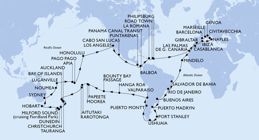 Itálie, Francie, Španělsko, Velká Británie, Maroko, Kapverdy, Brazílie, Argentina, Zámořské území Velké Británie, Chile, Francouzská Polynésie, Cookovy ostrovy, Nový Zéland, Austrálie, Nová Kaledonie, Vanuatu, Samoa, Americká Samoa, USA, Mexiko, Kostarika, , Panama, Dominikánská republika, Britské Panenské ostrovy, Svatý Martin z Civitavecchia na lodi MSC Magnifica