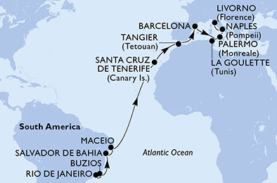 Brazílie, Španělsko, Maroko, Tunisko, Itálie z Rio de Janeira na lodi MSC Virtuosa