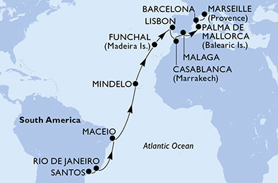 Brazílie, Kapverdy, Portugalsko, Maroko, Španělsko, Francie ze Santosu na lodi MSC Seaview