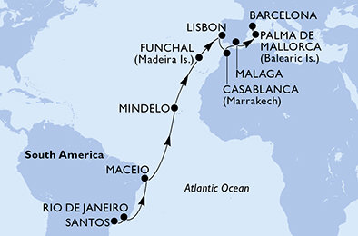 Brazílie, Kapverdy, Portugalsko, Maroko, Španělsko ze Santosu na lodi MSC Seaview
