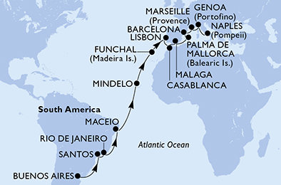Argentina, Brazílie, Kapverdy, Portugalsko, Maroko, Španělsko, Francie, Itálie z Buenos Aires na lodi MSC Seaview