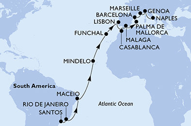 Brazílie, Kapverdy, Portugalsko, Maroko, Španělsko, Francie, Itálie ze Santosu na lodi MSC Seaview