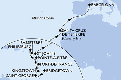 Barbados, Grenada, Svatý Vincenc a Grenadiny, Martinik, Guadeloupe, Svatý Martin, Svatý Kryštof a Nevis, Antigua a Barbuda, Španělsko z Bridgetownu na lodi MSC World Europa