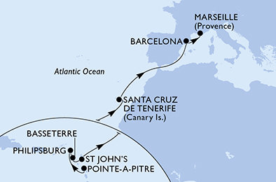 Guadeloupe, Svatý Martin, Svatý Kryštof a Nevis, Antigua a Barbuda, Španělsko, Francie z Pointe-à-Pitre na lodi MSC World Europa
