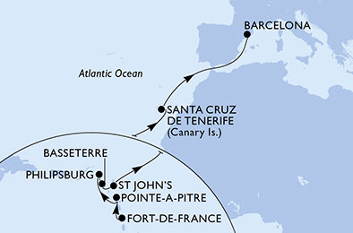 Martinik, Guadeloupe, Svatý Martin, Svatý Kryštof a Nevis, Antigua a Barbuda, Španělsko z Fort-de-France na lodi MSC World Europa