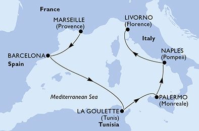 Francie, Španělsko, Tunisko, Itálie z Marseille na lodi MSC Meraviglia