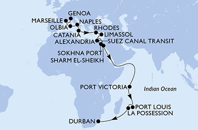 Itálie, Francie, Řecko, Kypr, Egypt, Seychely, Mauricius, Reunion, Jihoafrická republika z Janova na lodi MSC Sinfonia
