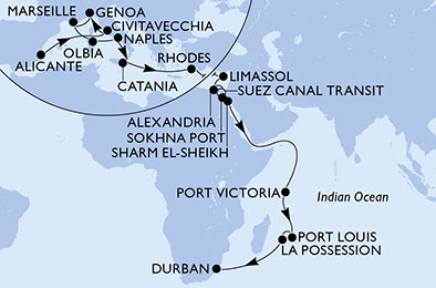 Španělsko, Itálie, Francie, Řecko, Kypr, Egypt, Seychely, Mauricius, Reunion, Jihoafrická republika z Alicante na lodi MSC Sinfonia