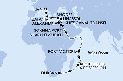 Itálie, Řecko, Kypr, Egypt, Seychely, Mauricius, Reunion, Jihoafrická republika z Neapole na lodi MSC Sinfonia