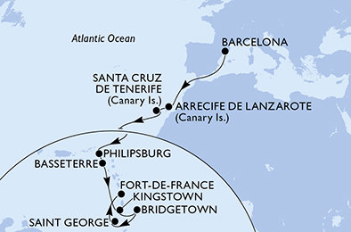 Španělsko, Svatý Martin, Svatý Kryštof a Nevis, Svatý Vincenc a Grenadiny, Barbados, Grenada, Martinik z Barcelony na lodi MSC World Europa