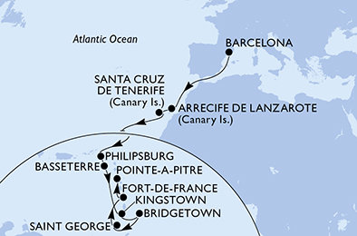 Španělsko, Svatý Martin, Svatý Kryštof a Nevis, Svatý Vincenc a Grenadiny, Barbados, Grenada, Martinik, Guadeloupe z Barcelony na lodi MSC World Europa
