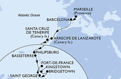 Francie, Španělsko, Svatý Martin, Svatý Kryštof a Nevis, Svatý Vincenc a Grenadiny, Barbados, Grenada, Martinik z Marseille na lodi MSC World Europa