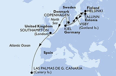 Dánsko, Švédsko, Finsko, Estonsko, Německo, Velká Británie, Španělsko z Kodaně na lodi MSC Euribia