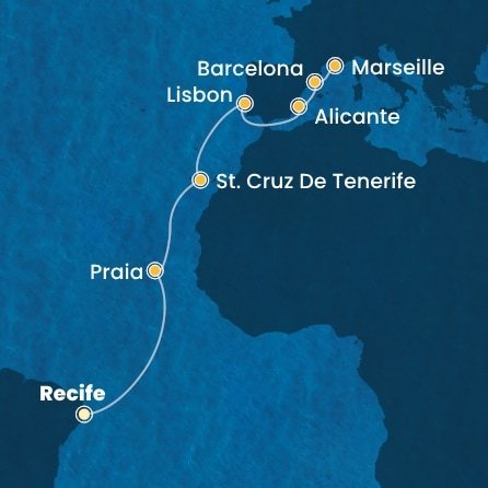 Brazílie, Kapverdy, Španělsko, Portugalsko, Francie z Recifu na lodi Costa Pacifica