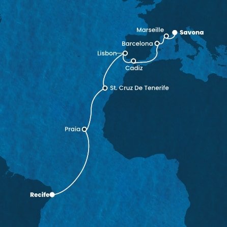 Brazílie, Kapverdy, Španělsko, Portugalsko, Francie, Itálie z Recifu na lodi Costa Pacifica