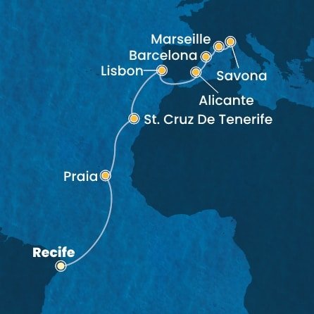 Brazílie, Kapverdy, Španělsko, Portugalsko, Francie, Itálie z Recifu na lodi Costa Pacifica