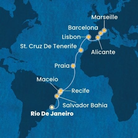 Brazílie, Kapverdy, Španělsko, Portugalsko, Francie z Rio de Janeira na lodi Costa Pacifica