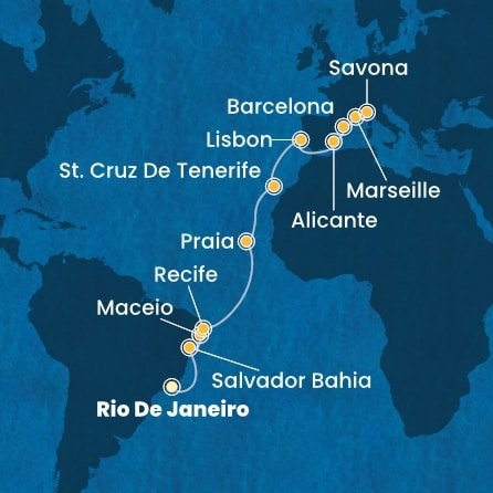 Brazílie, Kapverdy, Španělsko, Portugalsko, Francie, Itálie z Rio de Janeira na lodi Costa Pacifica