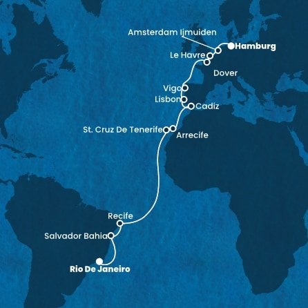 Brazílie, Španělsko, Portugalsko, Francie, Velká Británie, Nizozemsko, Německo z Rio de Janeira na lodi Costa Favolosa