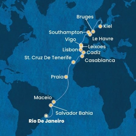 Brazílie, Kapverdy, Španělsko, Maroko, Portugalsko, Francie, Velká Británie, Belgie, Německo z Rio de Janeira na lodi Costa Diadema
