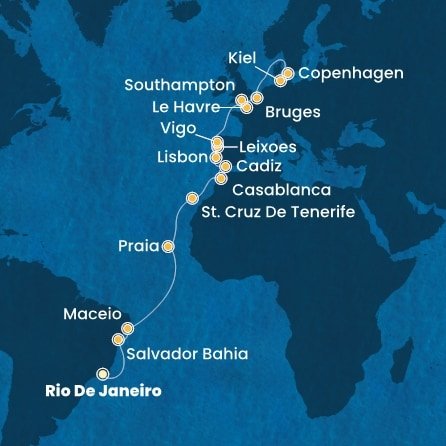 Brazílie, Kapverdy, Španělsko, Maroko, Portugalsko, Francie, Velká Británie, Belgie, Německo, Dánsko z Rio de Janeira na lodi Costa Diadema