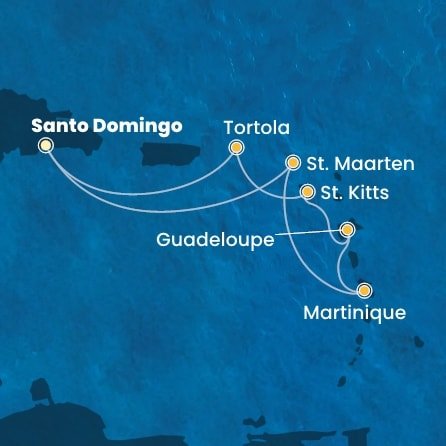 Dominikánská republika, Svatý Martin, Martinik, Guadeloupe, Svatý Kryštof a Nevis, Britské Panenské ostrovy ze Santo Dominga na lodi Costa Favolosa