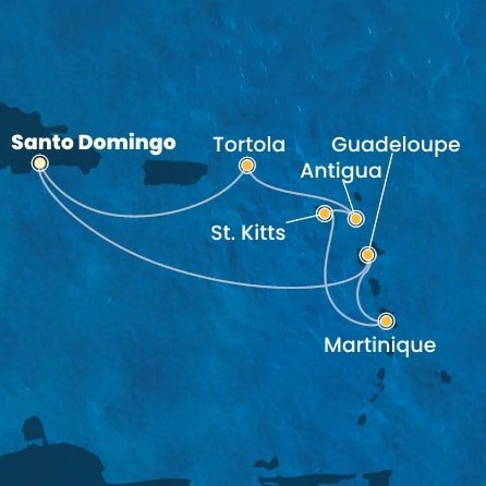 Dominikánská republika, Guadeloupe, Martinik, Svatý Kryštof a Nevis, Antigua a Barbuda, Britské Panenské ostrovy ze Santo Dominga na lodi Costa Favolosa
