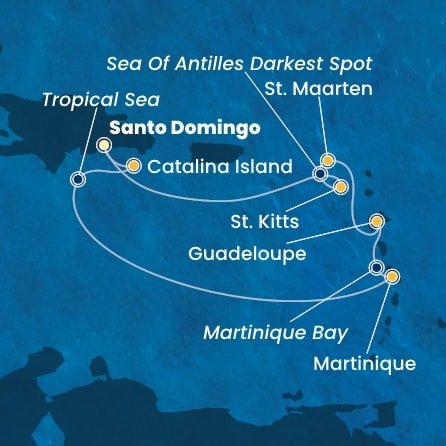 Dominikánská republika, Martinik, Guadeloupe, Svatý Martin, Svatý Kryštof a Nevis ze Santo Dominga na lodi Costa Fascinosa
