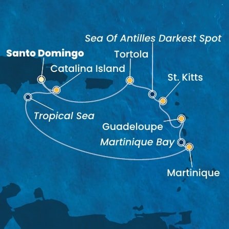 Dominikánská republika, Martinik, Guadeloupe, Svatý Kryštof a Nevis, Britské Panenské ostrovy ze Santo Dominga na lodi Costa Fascinosa