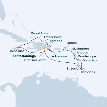 Dominikánská republika, Svatá Lucie, Barbados, Guadeloupe, Dominika, Antigua a Barbuda, Svatý Martin, Britské Panenské ostrovy, Jamajka, Zámořské území Velké Británie ze Santo Dominga na lodi Costa Pacifica