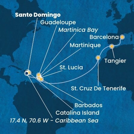 Dominikánská republika, Martinik, Guadeloupe, Svatá Lucie, Barbados, Španělsko, Maroko ze Santo Dominga na lodi Costa Fascinosa