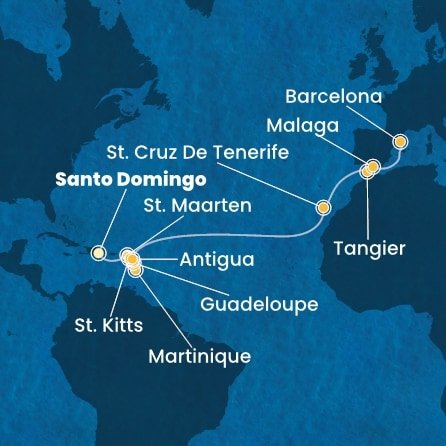 Dominikánská republika, Svatý Martin, Martinik, Guadeloupe, Svatý Kryštof a Nevis, Antigua a Barbuda, Španělsko, Maroko ze Santo Dominga na lodi Costa Favolosa