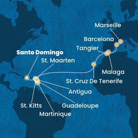Dominikánská republika, Svatý Martin, Martinik, Guadeloupe, Svatý Kryštof a Nevis, Antigua a Barbuda, Španělsko, Maroko, Francie ze Santo Dominga na lodi Costa Favolosa