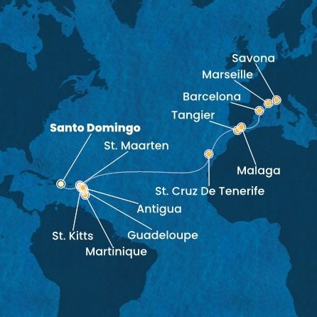 Dominikánská republika, Svatý Martin, Martinik, Guadeloupe, Svatý Kryštof a Nevis, Antigua a Barbuda, Španělsko, Maroko, Francie, Itálie ze Santo Dominga na lodi Costa Favolosa
