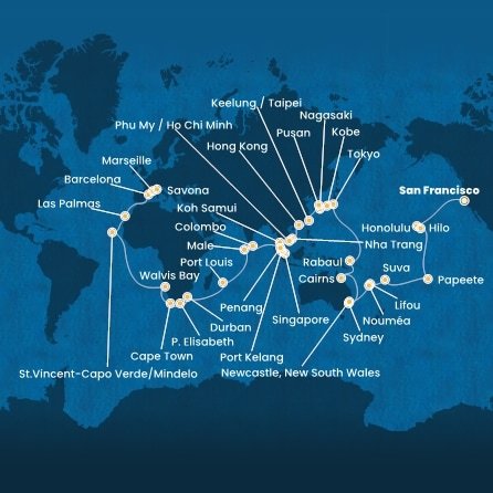 USA, Francouzská Polynésie, Fidži, Nová Kaledonie, Austrálie, Papua Nová Guinea, Japonsko, Jižní Korea, Tchaj-wan, Čína, Vietnam, Thajsko, Singapur, Malajsie, Srí Lanka, Maledivy, Mauricius, Jihoafrická republika, Namibie, Kapverdy, Španělsko, Francie, Itálie ze San Francisca na lodi Costa Deliziosa
