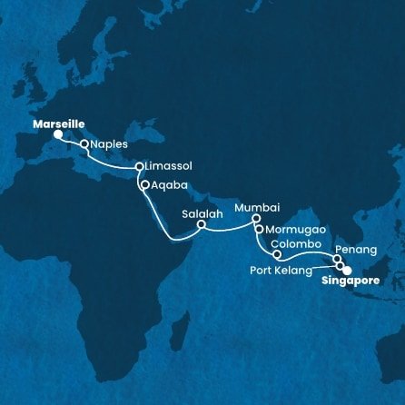 Singapur, Malajsie, Srí Lanka, Indie, Omán, Jordánsko, Kypr, Itálie, Francie ze Singapuru na lodi Costa Deliziosa
