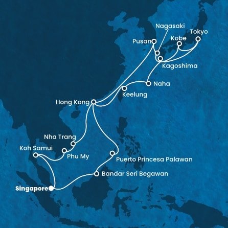 Singapur, Brunej, Filipíny, Čína, Tchaj-wan, Japonsko, Jižní Korea, Vietnam, Thajsko ze Singapuru na lodi Costa Serena