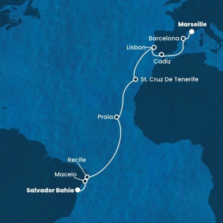 Brazílie, Kapverdy, Španělsko, Portugalsko, Francie ze Salvadoru na lodi Costa Pacifica