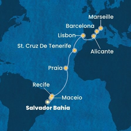 Brazílie, Kapverdy, Španělsko, Portugalsko, Francie ze Salvadoru na lodi Costa Pacifica