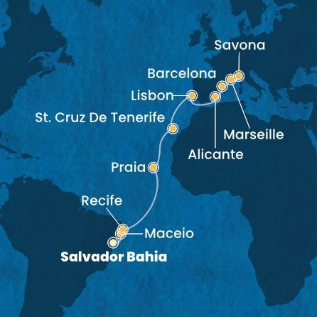 Brazílie, Kapverdy, Španělsko, Portugalsko, Francie, Itálie ze Salvadoru na lodi Costa Pacifica