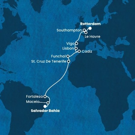 Brazílie, Španělsko, Portugalsko, Francie, Velká Británie, Nizozemsko ze Salvadoru na lodi Costa Diadema