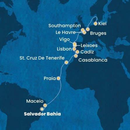 Brazílie, Kapverdy, Španělsko, Maroko, Portugalsko, Francie, Velká Británie, Belgie, Německo ze Salvadoru na lodi Costa Diadema