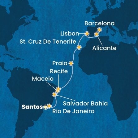 Brazílie, Kapverdy, Španělsko, Portugalsko ze Santosu na lodi Costa Pacifica
