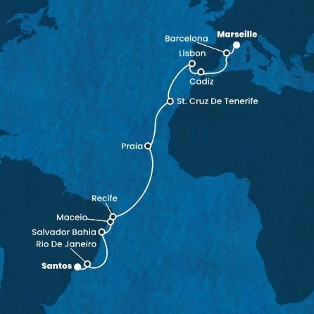 Brazílie, Kapverdy, Španělsko, Portugalsko, Francie ze Santosu na lodi Costa Pacifica
