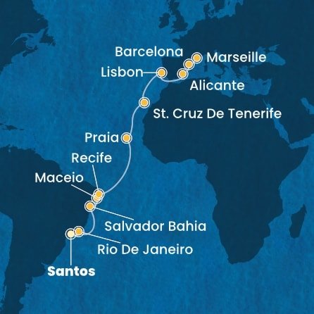 Brazílie, Kapverdy, Španělsko, Portugalsko, Francie ze Santosu na lodi Costa Pacifica