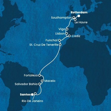 Brazílie, Španělsko, Portugalsko, Francie, Velká Británie, Nizozemsko ze Santosu na lodi Costa Diadema