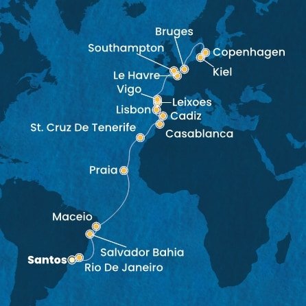 Brazílie, Kapverdy, Španělsko, Maroko, Portugalsko, Francie, Velká Británie, Belgie, Německo, Dánsko ze Santosu na lodi Costa Diadema